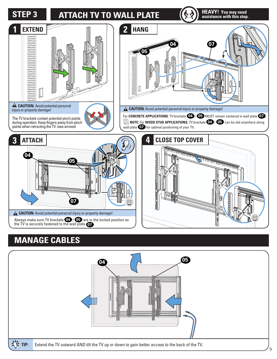Attach tv to wall plate step 3, Manage cables, Close top cover | Extend, Hang, Attach | Sanus Systems Advanced Tilt 4D Premium TV Wall Mount for 42 to 90" Displays User Manual | Page 9 / 44