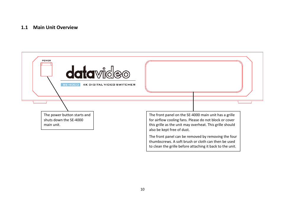 1 main unit overview, Verview | Datavideo SE-4000 8-Channel 4K Video Switcher User Manual | Page 10 / 128