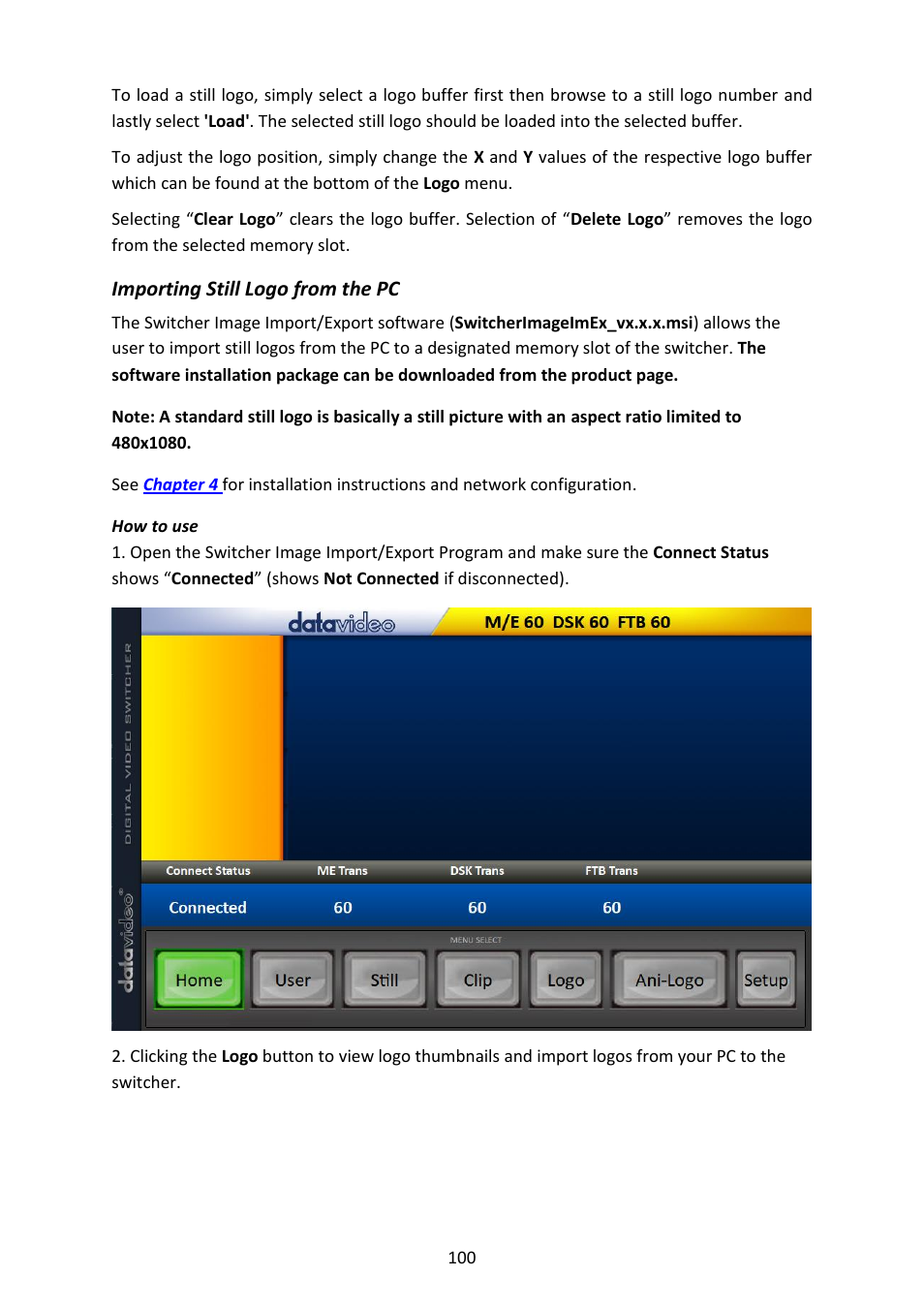 Importing still logo from the pc | Datavideo SE-4000 8-Channel 4K Video Switcher User Manual | Page 100 / 128