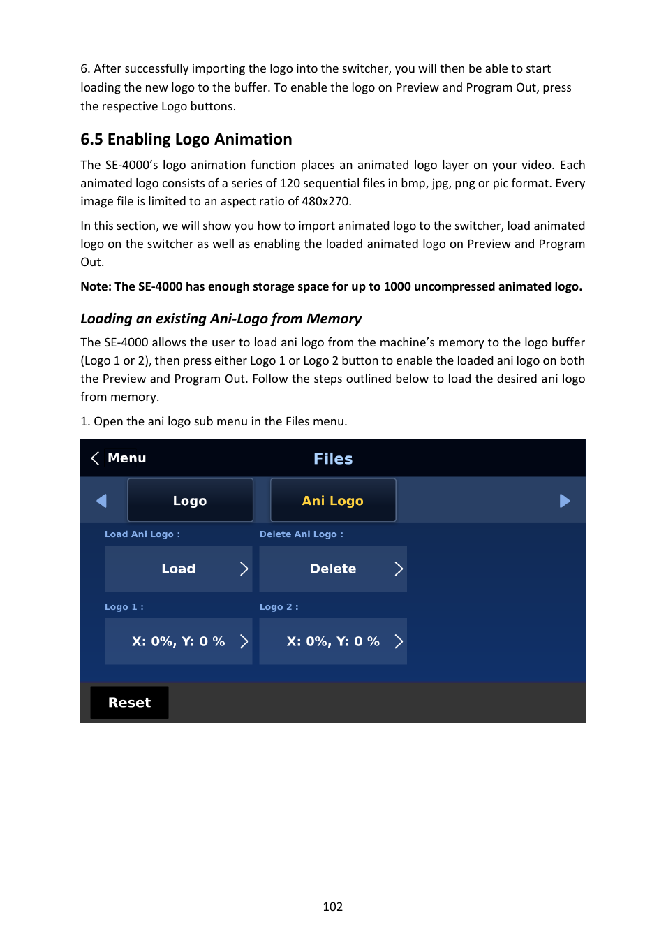 5 enabling logo animation, Loading an existing ani-logo from memory, Nabling | Nimation, Enabling logo animation, Chapter 6.6 enabling, Logo animation | Datavideo SE-4000 8-Channel 4K Video Switcher User Manual | Page 102 / 128