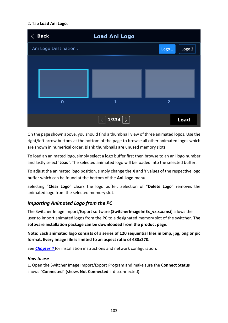 Importing animated logo from the pc | Datavideo SE-4000 8-Channel 4K Video Switcher User Manual | Page 103 / 128