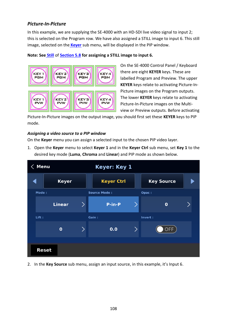 Picture-in-picture, Assigning a video source to a pip window | Datavideo SE-4000 8-Channel 4K Video Switcher User Manual | Page 108 / 128