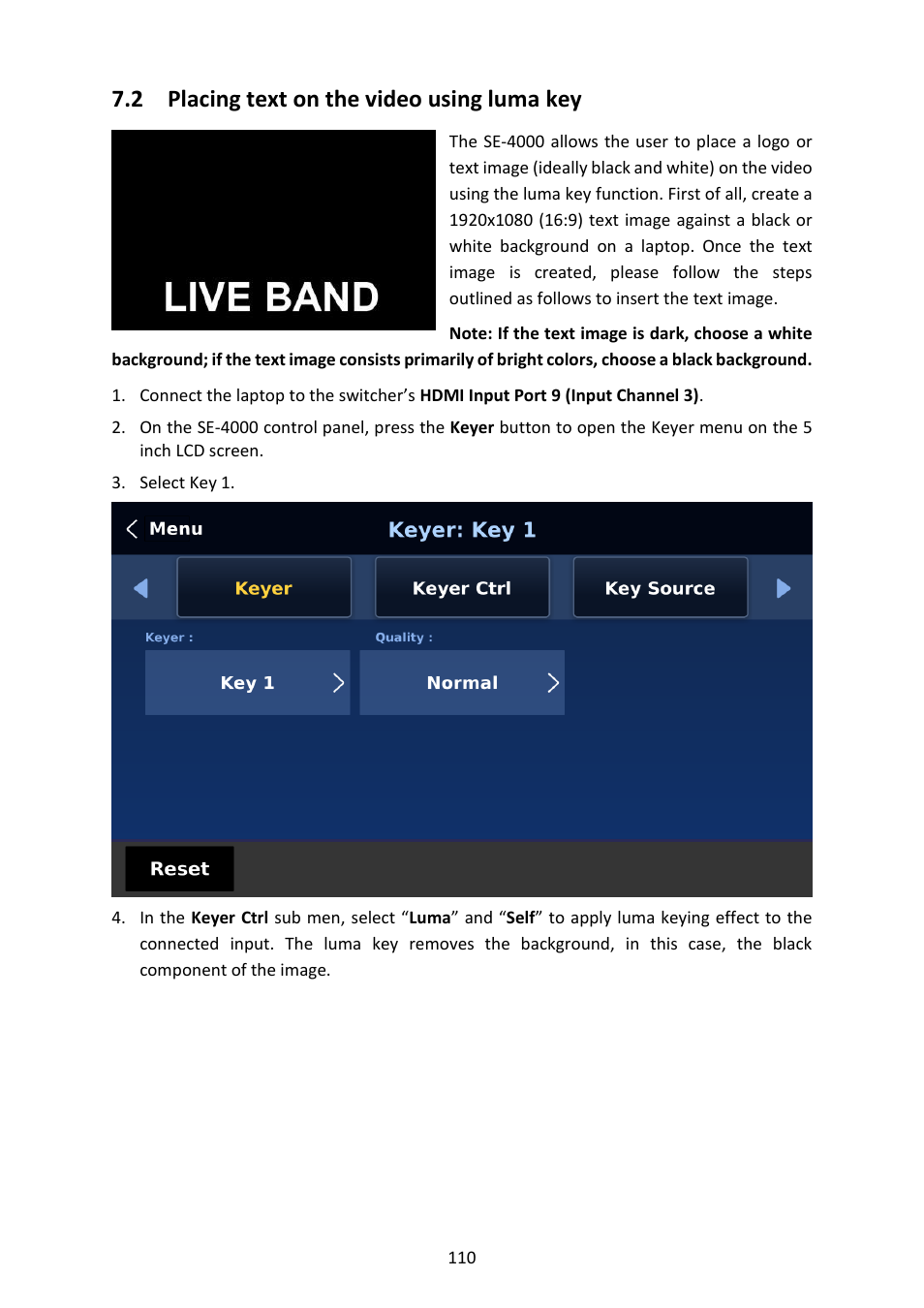 2 placing text on the video using luma key, Lacing text on the video using luma key | Datavideo SE-4000 8-Channel 4K Video Switcher User Manual | Page 110 / 128