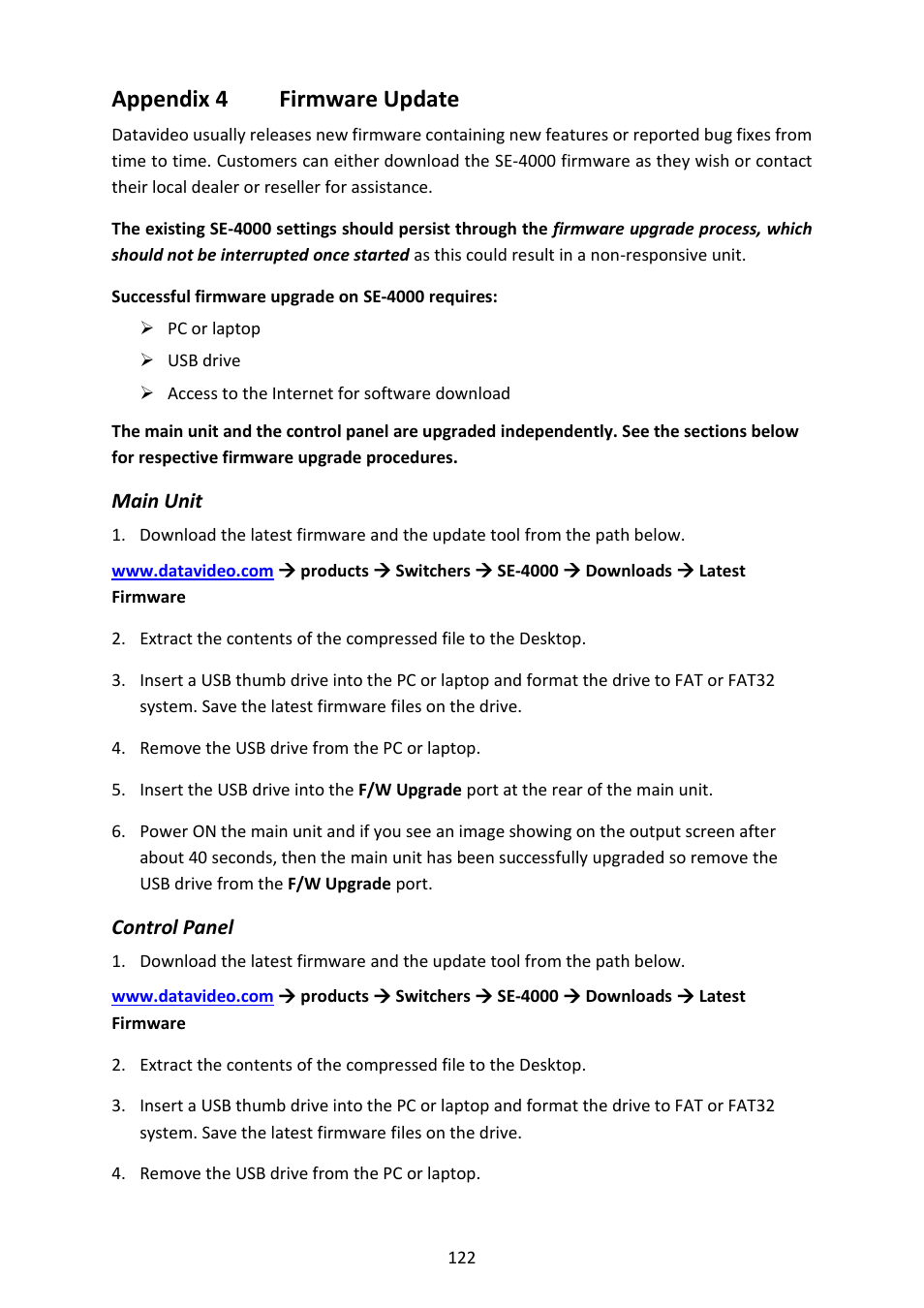 Appendix 4 firmware update, Main unit, Control panel | Ppendix, Irmware, Pdate, Main unit control panel, Firmware, Update | Datavideo SE-4000 8-Channel 4K Video Switcher User Manual | Page 122 / 128