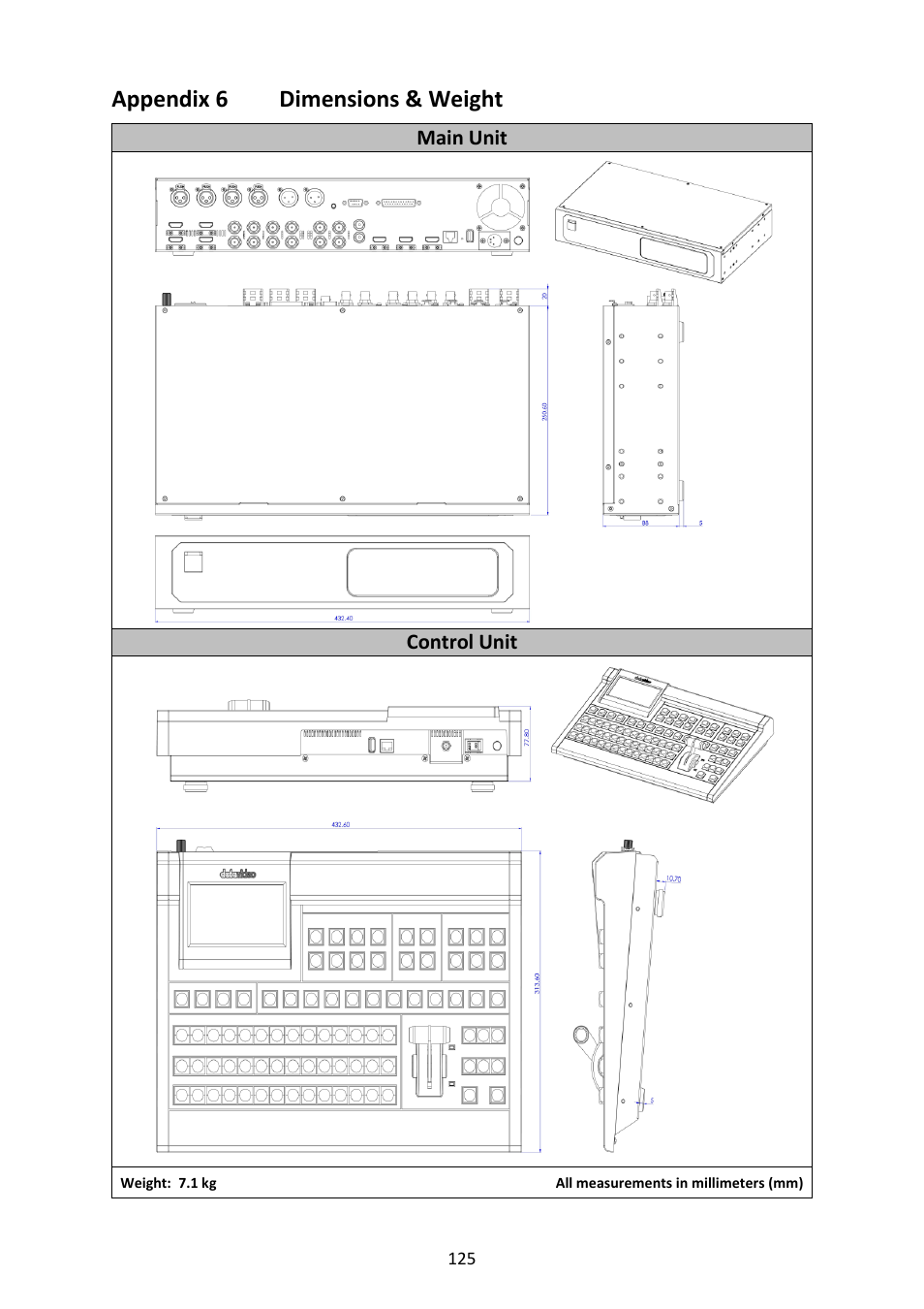 Appendix 6 dimensions & weight, Ppendix, Imensions | Eight | Datavideo SE-4000 8-Channel 4K Video Switcher User Manual | Page 125 / 128