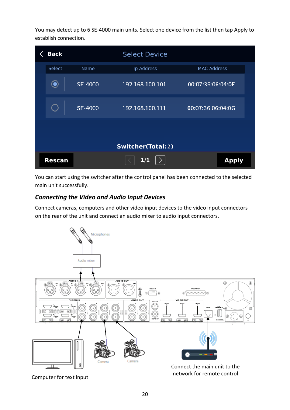 Connecting the video and audio input devices | Datavideo SE-4000 8-Channel 4K Video Switcher User Manual | Page 20 / 128