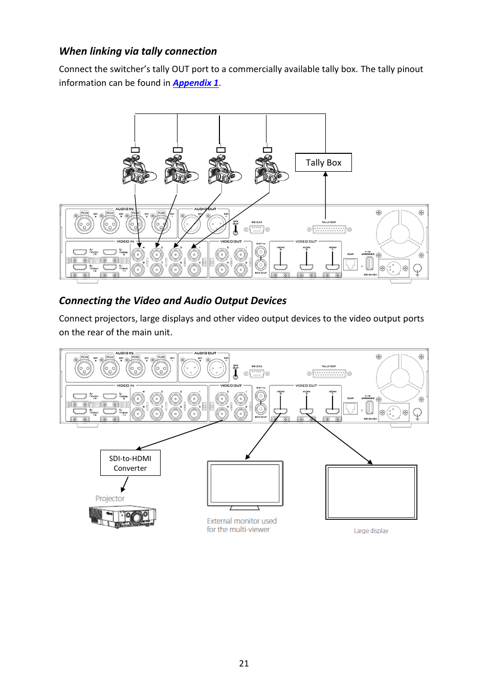When linking via tally connection, Connecting the video and audio output devices | Datavideo SE-4000 8-Channel 4K Video Switcher User Manual | Page 21 / 128