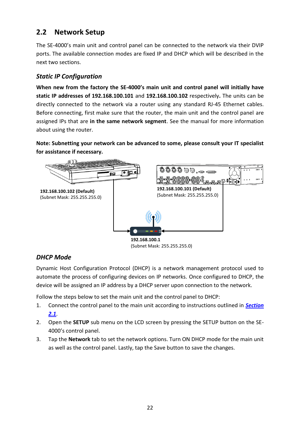 2 network setup, Static ip configuration, Dhcp mode | Etwork, Etup, Static ip configuration dhcp mode, Section 2.2 network setup, L. see | Datavideo SE-4000 8-Channel 4K Video Switcher User Manual | Page 22 / 128