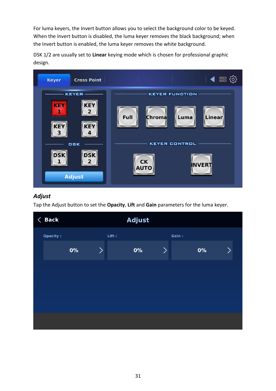 Adjust | Datavideo SE-4000 8-Channel 4K Video Switcher User Manual | Page 31 / 128