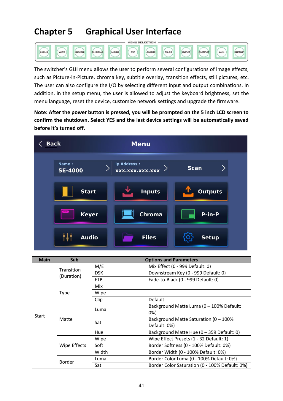 Chapter 5 graphical user interface, Start | Datavideo SE-4000 8-Channel 4K Video Switcher User Manual | Page 41 / 128