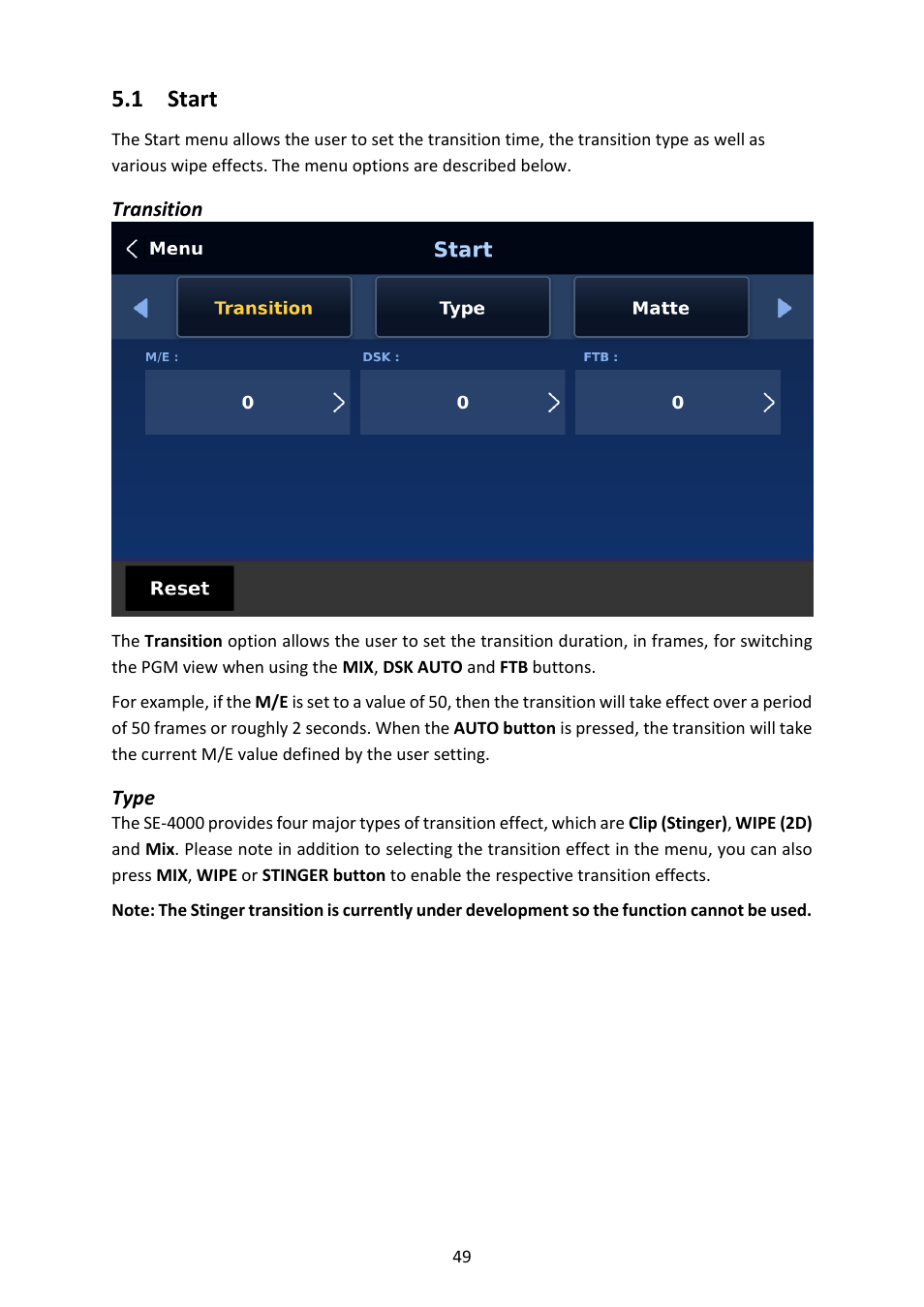 1 start, Transition, Type | Tart, Transition type | Datavideo SE-4000 8-Channel 4K Video Switcher User Manual | Page 49 / 128