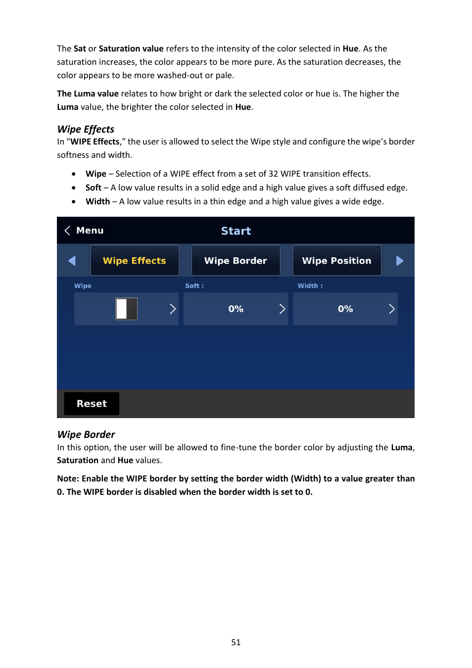 Wipe effects, Wipe border, Wipe effects wipe border | Datavideo SE-4000 8-Channel 4K Video Switcher User Manual | Page 51 / 128