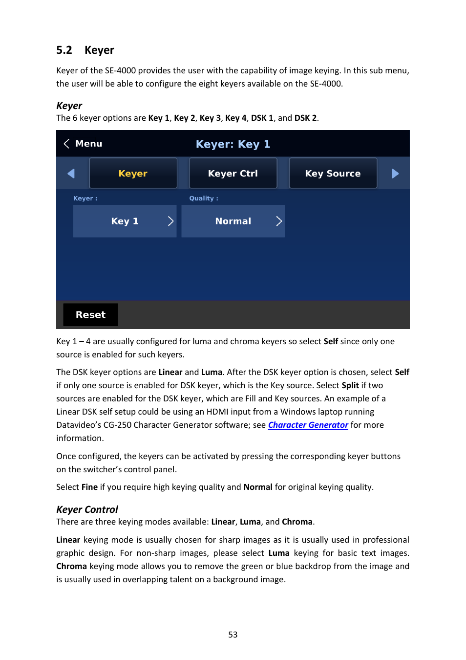 2 keyer, Keyer, Keyer control | Eyer, Keyer keyer control | Datavideo SE-4000 8-Channel 4K Video Switcher User Manual | Page 53 / 128