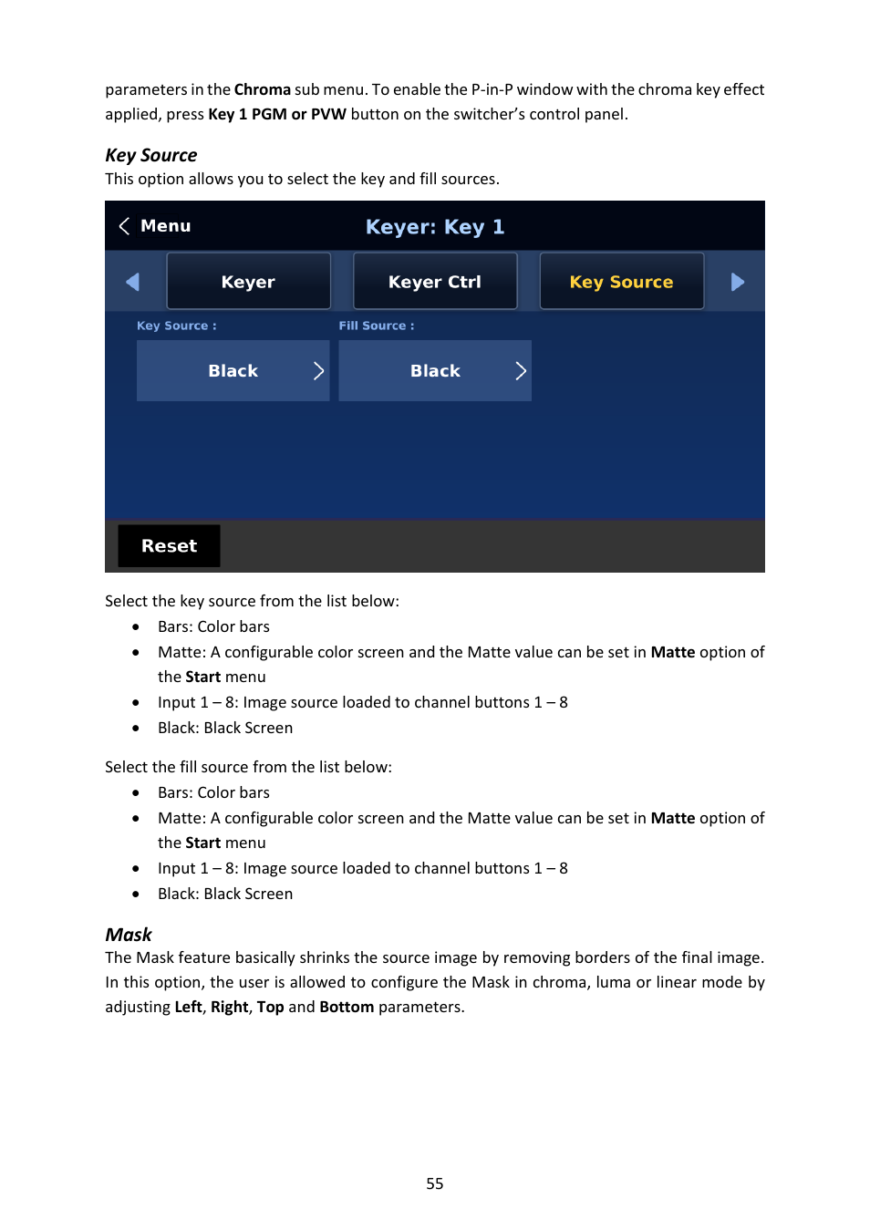 Key source, Mask, Key source mask | Datavideo SE-4000 8-Channel 4K Video Switcher User Manual | Page 55 / 128