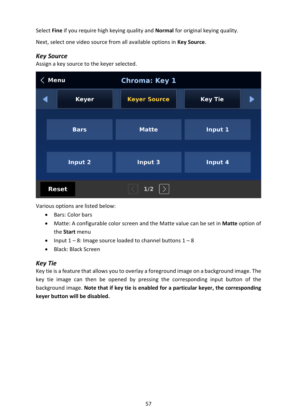 Key source, Key tie, Key source key tie | Datavideo SE-4000 8-Channel 4K Video Switcher User Manual | Page 57 / 128