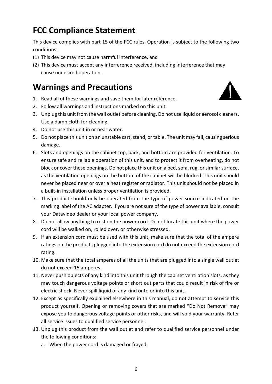 Fcc compliance statement, Warnings and precautions | Datavideo SE-4000 8-Channel 4K Video Switcher User Manual | Page 6 / 128