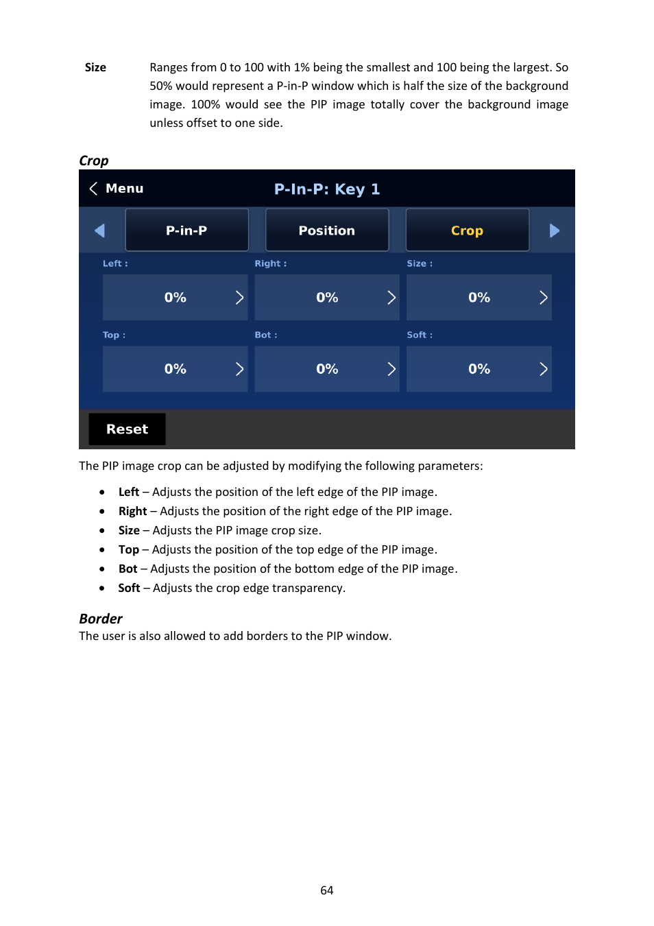 Crop, Border, Crop border | Datavideo SE-4000 8-Channel 4K Video Switcher User Manual | Page 64 / 128