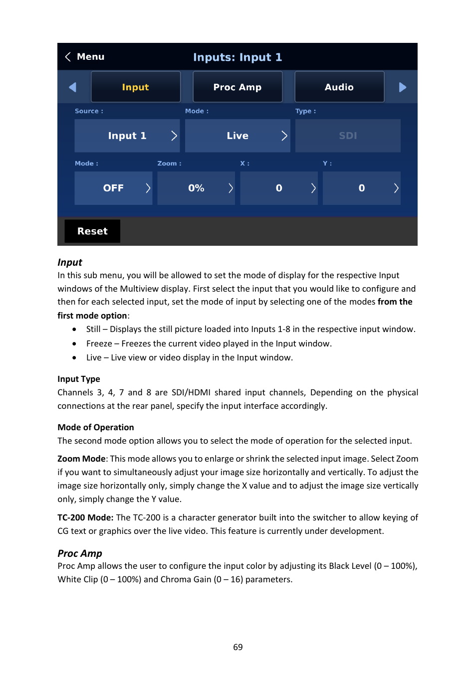 Input, Proc amp, Input proc amp | Datavideo SE-4000 8-Channel 4K Video Switcher User Manual | Page 69 / 128