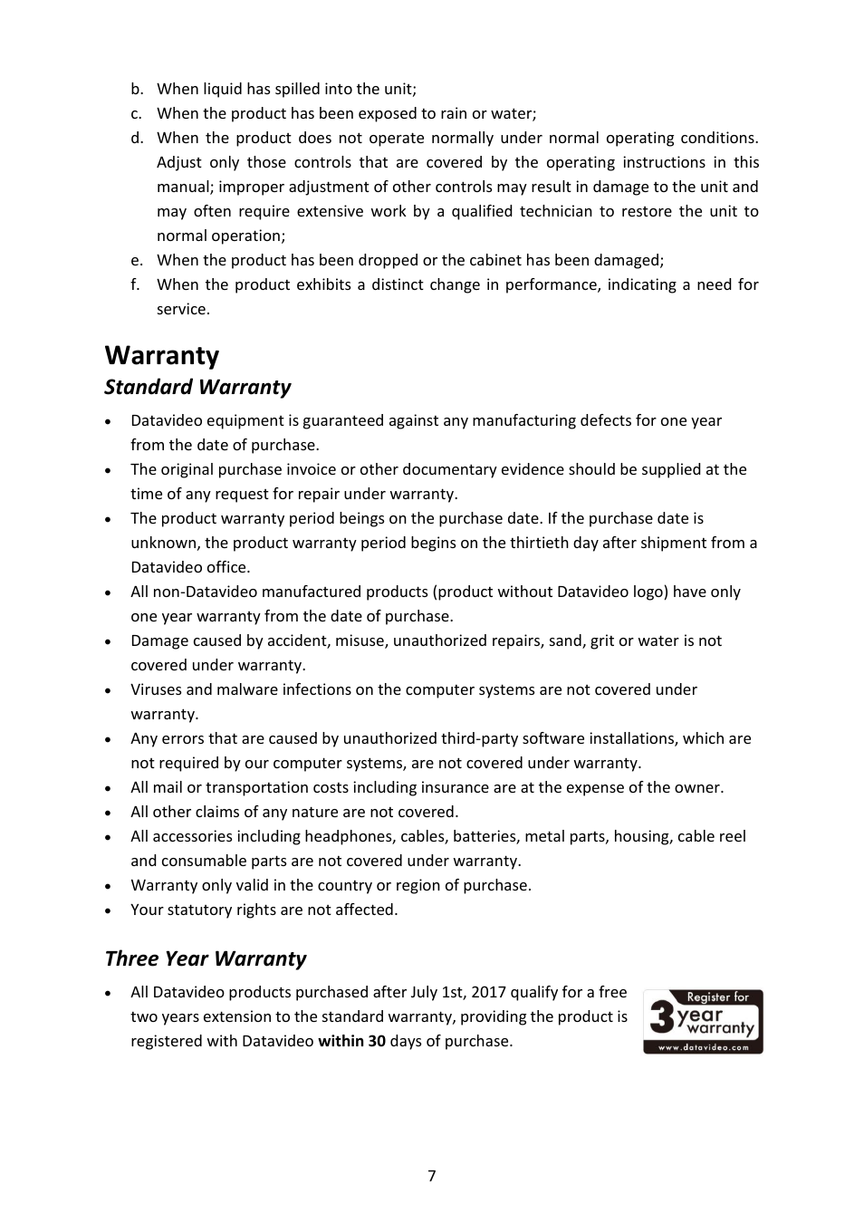 Warranty, Standard warranty, Three year warranty | Tandard, Arranty, Hree | Datavideo SE-4000 8-Channel 4K Video Switcher User Manual | Page 7 / 128