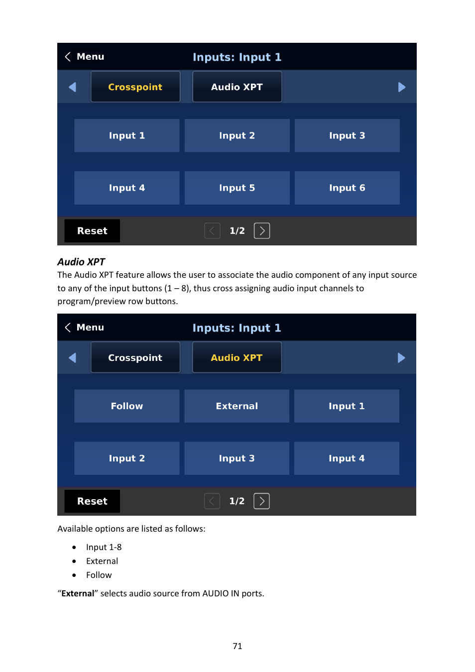 Audio xpt | Datavideo SE-4000 8-Channel 4K Video Switcher User Manual | Page 71 / 128