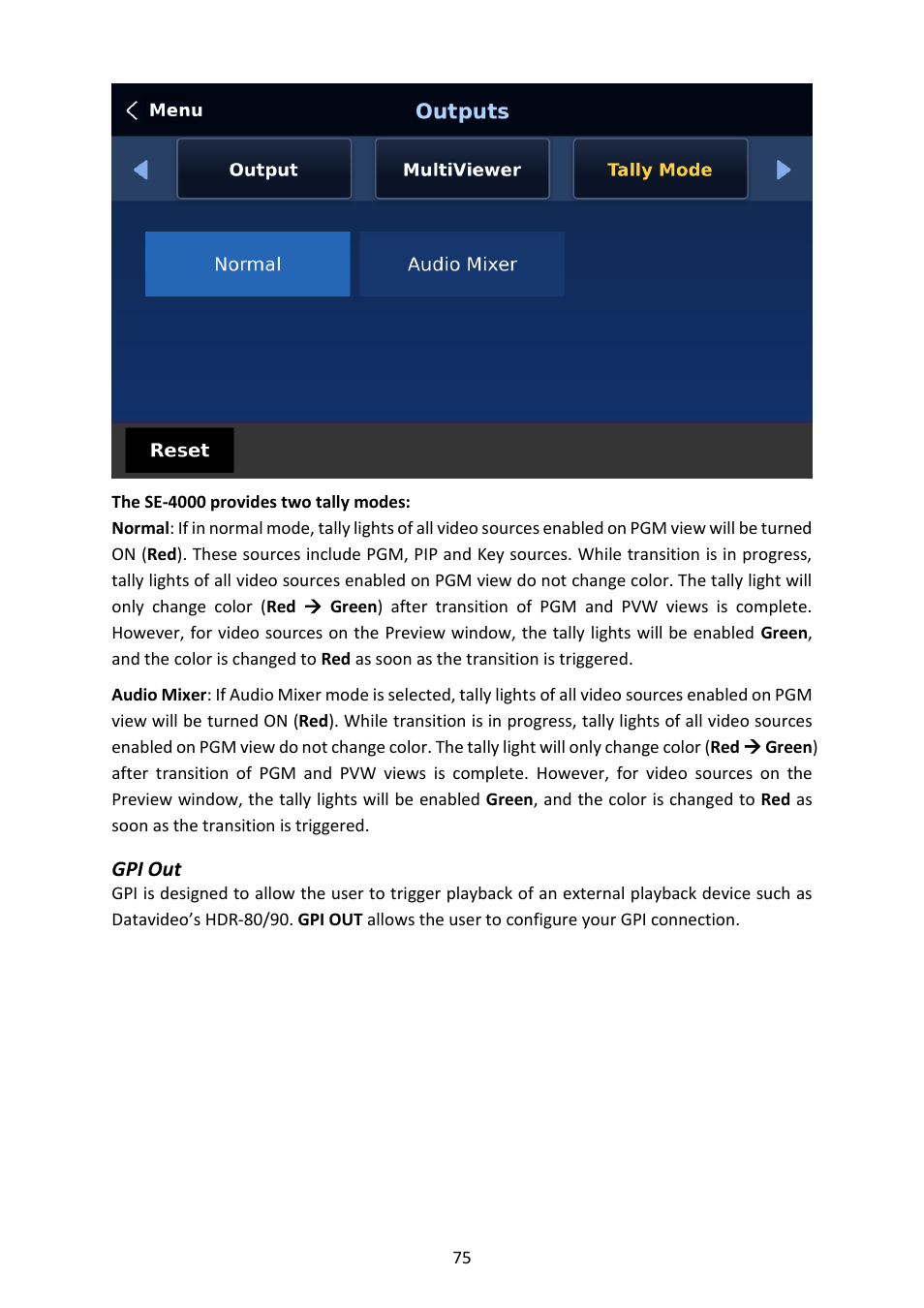 Gpi out, Gpi socket | Datavideo SE-4000 8-Channel 4K Video Switcher User Manual | Page 75 / 128