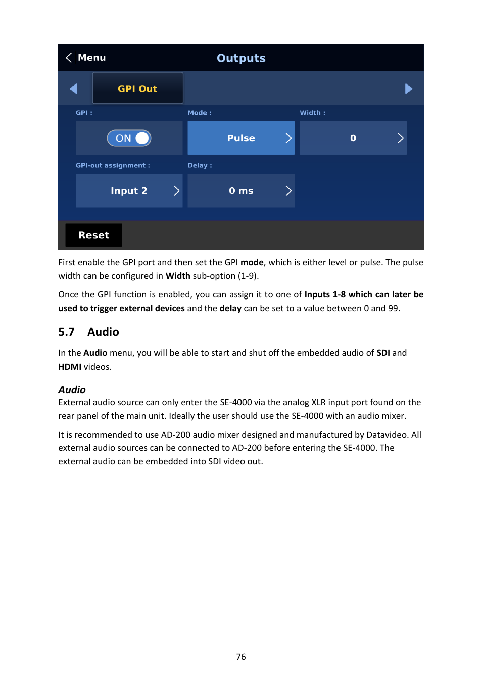 7 audio, Audio, Udio | Section 5.7 audio | Datavideo SE-4000 8-Channel 4K Video Switcher User Manual | Page 76 / 128