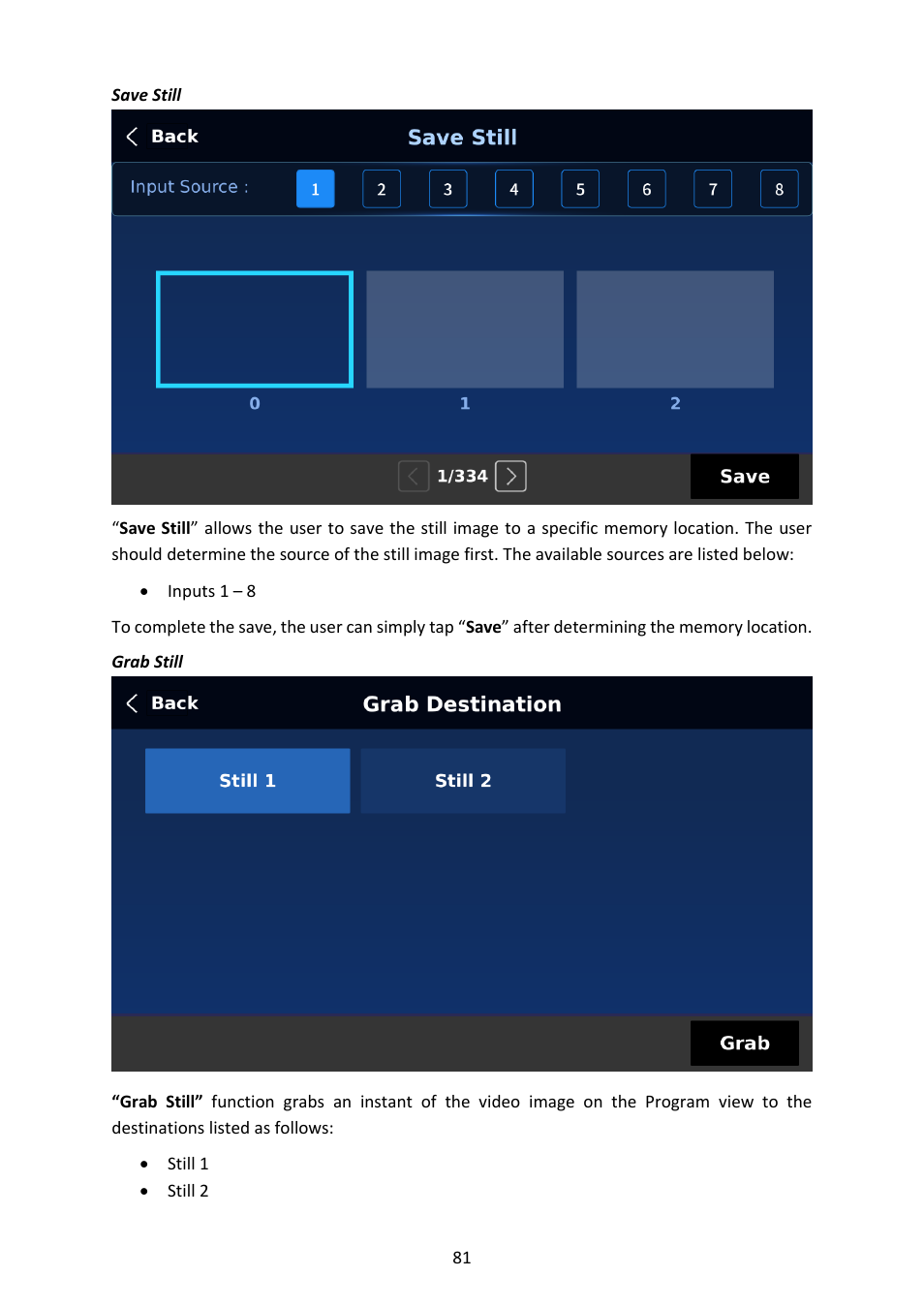 Save still, Grab still, Save still grab still | Datavideo SE-4000 8-Channel 4K Video Switcher User Manual | Page 81 / 128