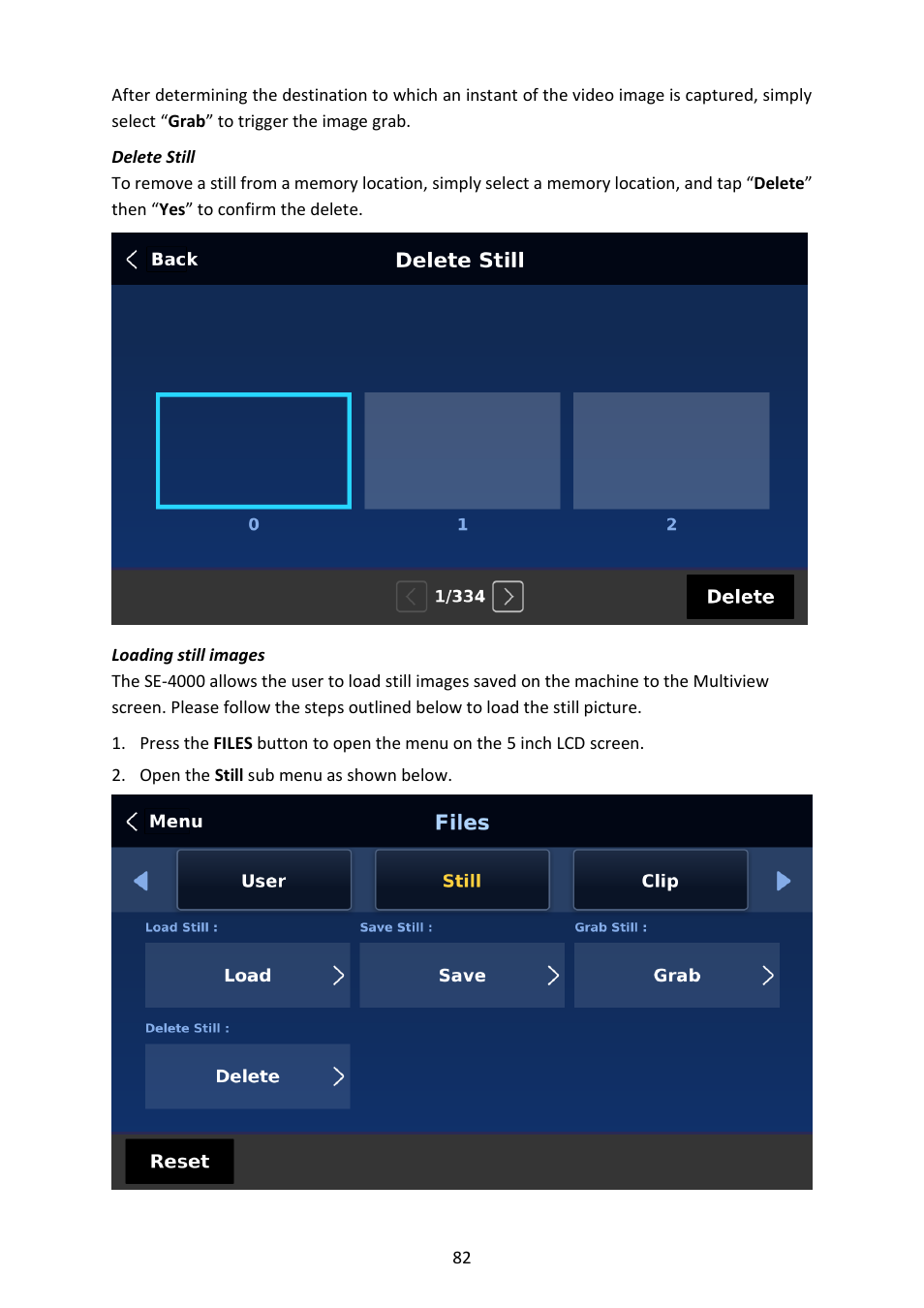 Delete still, Loading still images, Delete still loading still images | Datavideo SE-4000 8-Channel 4K Video Switcher User Manual | Page 82 / 128