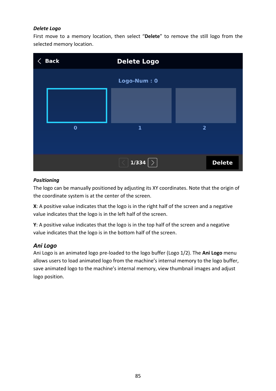 Delete logo, Positioning, Ani logo | Delete logo positioning, Ani-logo | Datavideo SE-4000 8-Channel 4K Video Switcher User Manual | Page 85 / 128