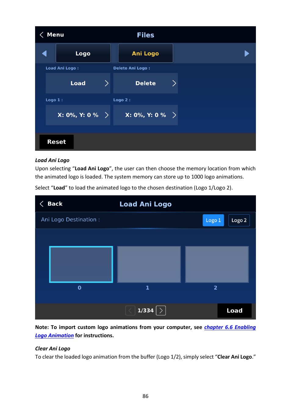 Load ani logo, Clear ani logo, Load ani logo clear ani logo | Datavideo SE-4000 8-Channel 4K Video Switcher User Manual | Page 86 / 128