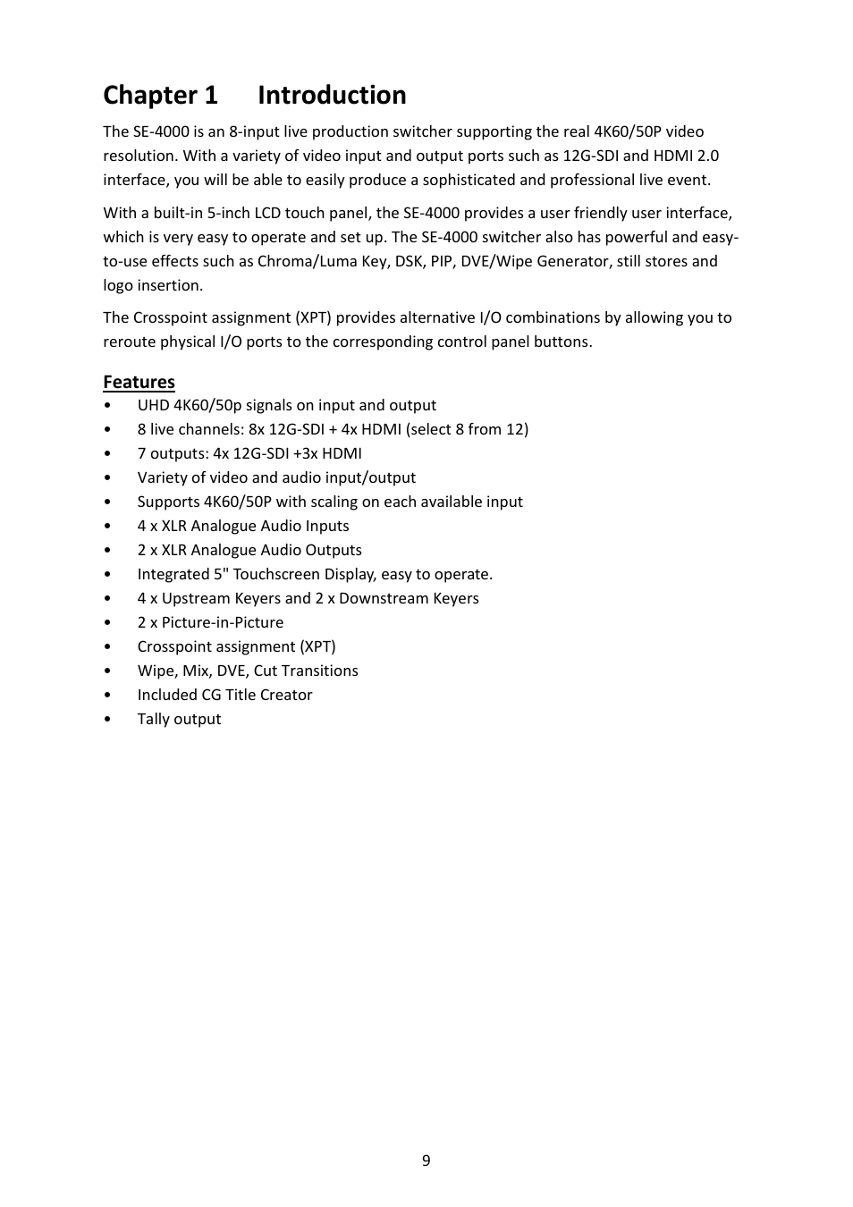 Chapter 1 introduction | Datavideo SE-4000 8-Channel 4K Video Switcher User Manual | Page 9 / 128