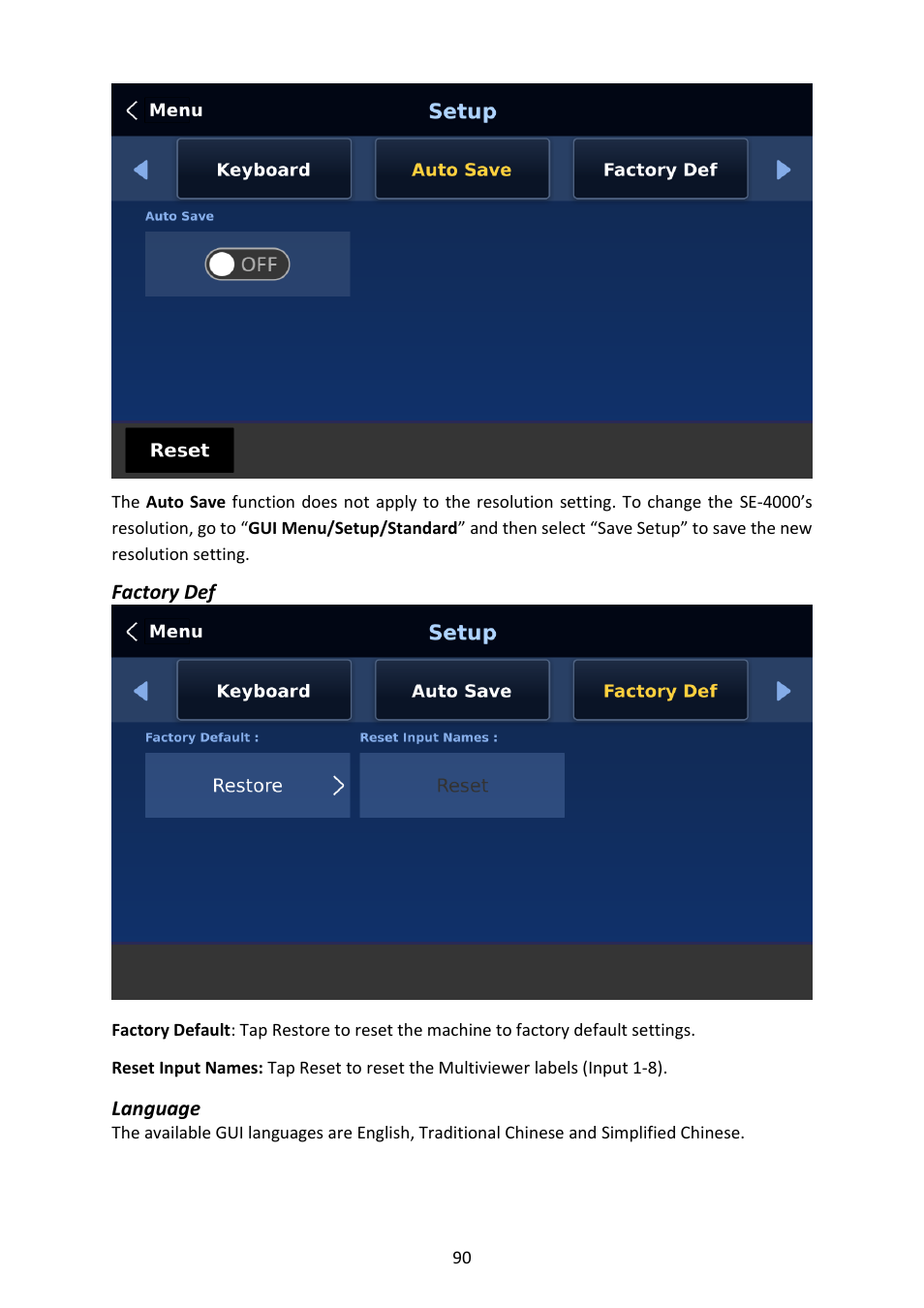 Factory def, Language, Factory def language | Datavideo SE-4000 8-Channel 4K Video Switcher User Manual | Page 90 / 128