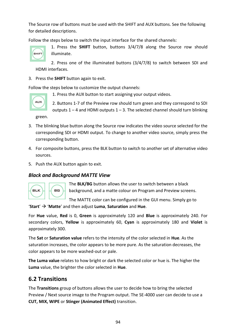 Black and background matte view, 2 transitions, Ransitions | Datavideo SE-4000 8-Channel 4K Video Switcher User Manual | Page 94 / 128
