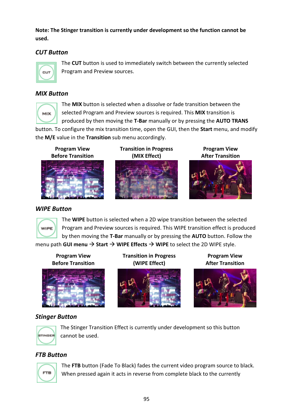 Cut button, Mix button, Wipe button | Stinger button, Ftb button | Datavideo SE-4000 8-Channel 4K Video Switcher User Manual | Page 95 / 128