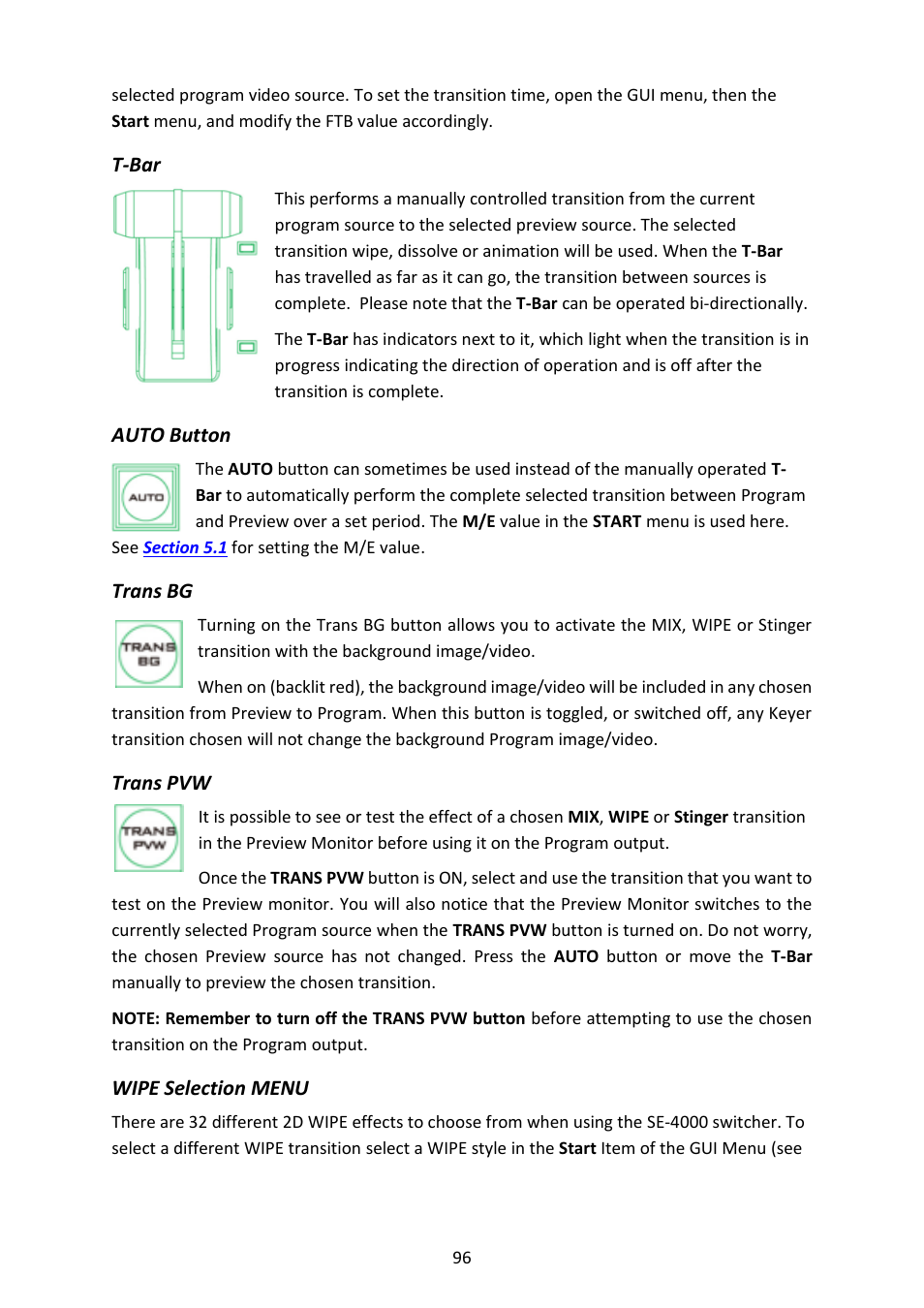 T-bar, Auto button, Trans bg | Trans pvw, Wipe selection menu, T-bar auto button trans bg trans pvw | Datavideo SE-4000 8-Channel 4K Video Switcher User Manual | Page 96 / 128