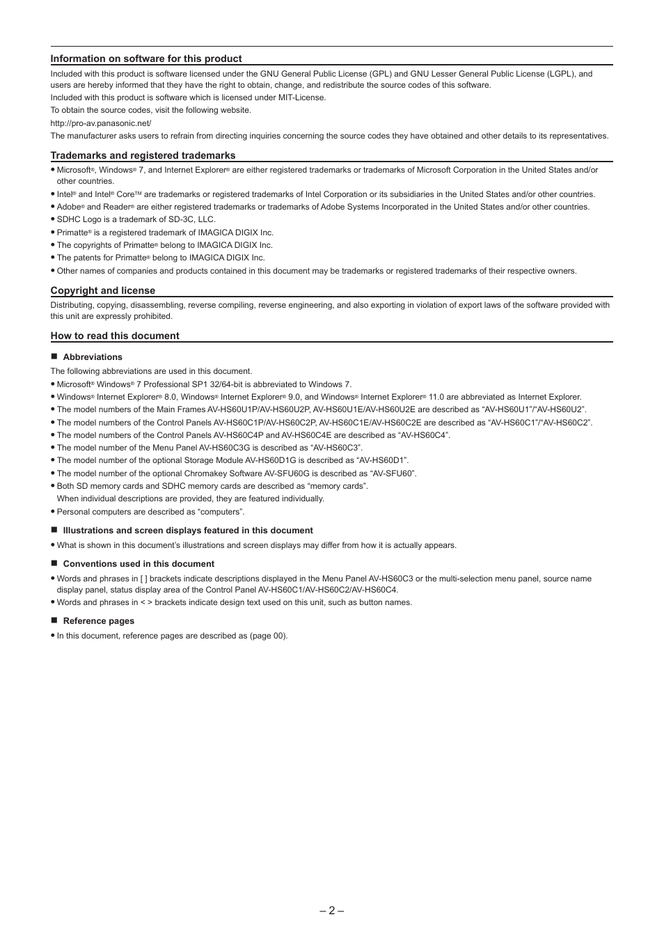 Panasonic AV-HS6000 2 M/E Live Switcher Main Frame & Control Panel (Dual Redundant Power Supplies) User Manual | Page 2 / 206