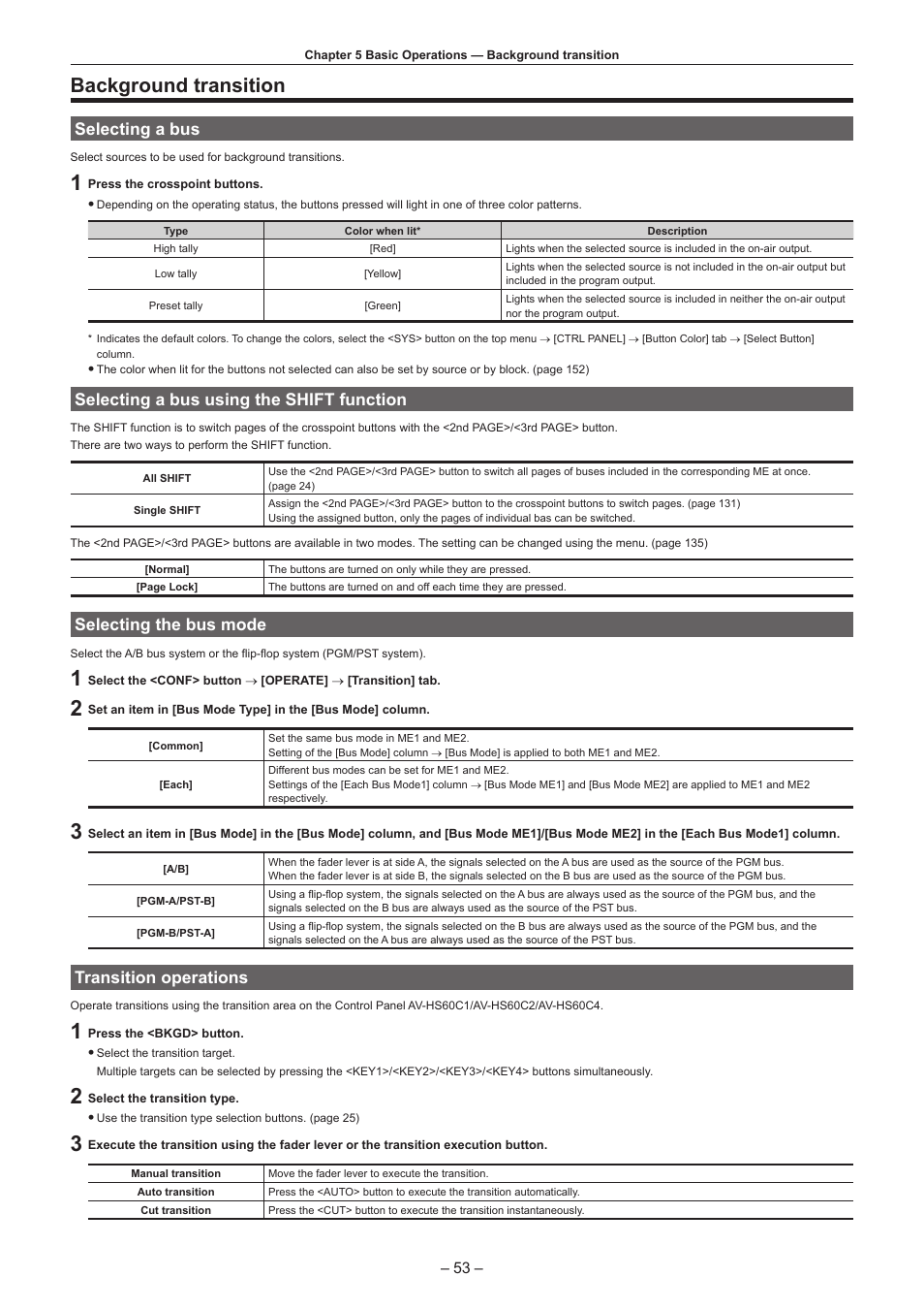 Background transition, Selecting a bus, Selecting a bus using the shift function | Selecting the bus mode, Transition operations | Panasonic AV-HS6000 2 M/E Live Switcher Main Frame & Control Panel (Dual Redundant Power Supplies) User Manual | Page 53 / 206
