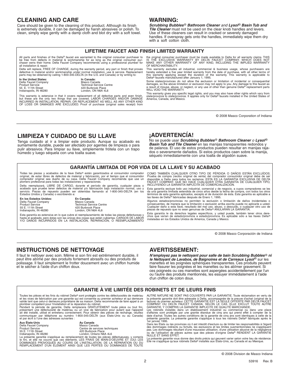 Cleaning and care, Warning, Instructions de nettoyage | Avertissement, Limpieza y cuidado de su llave, Advertencía, Lifetime faucet and finish limited warranty | Delta 3543 Series User Manual | Page 2 / 8