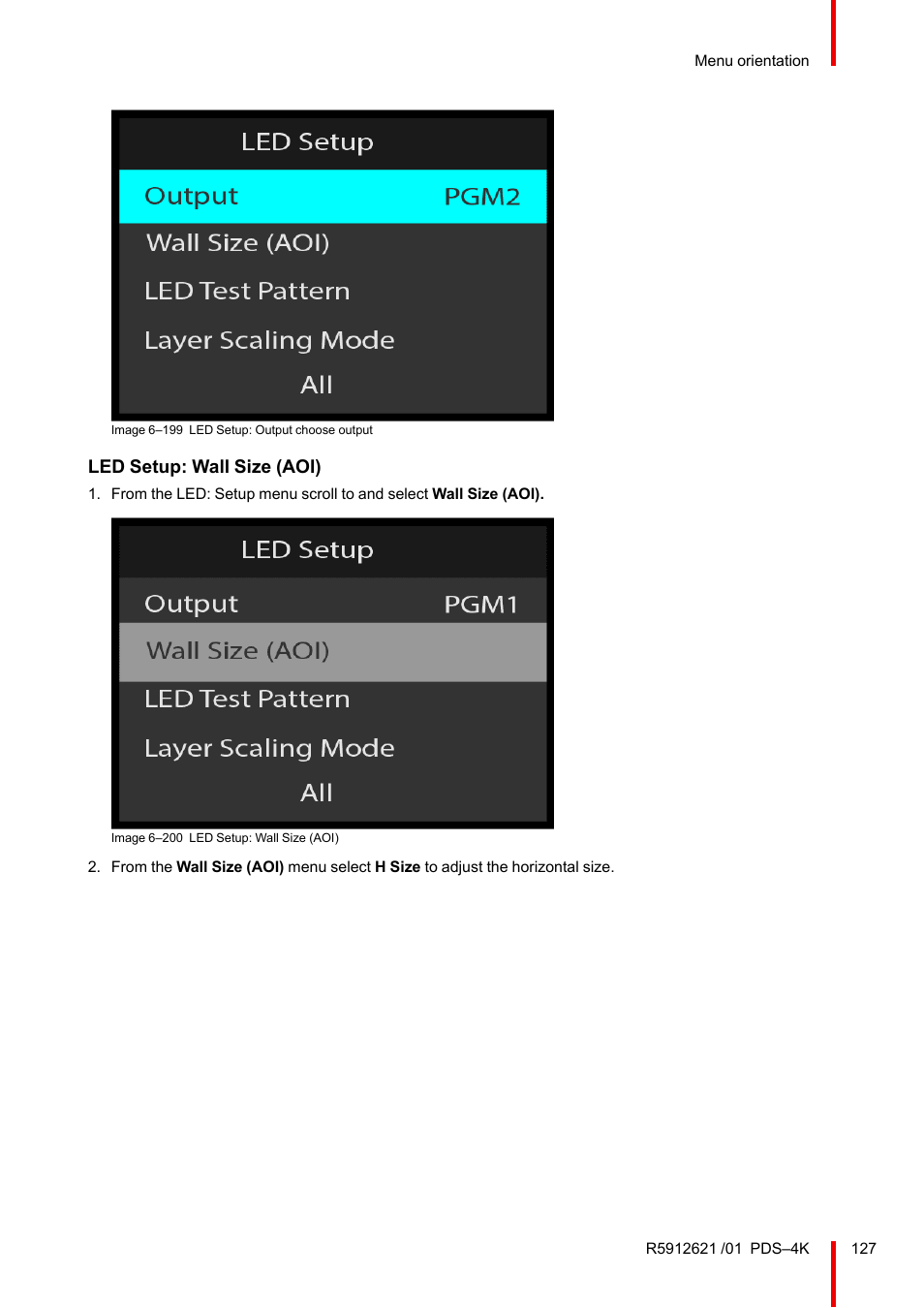 Led setup: wall size (aoi) | Barco PDS-4K HDMI Presentation Switcher User Manual | Page 127 / 224