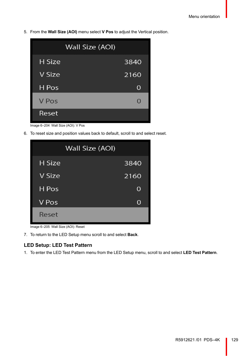 Led setup: led test pattern | Barco PDS-4K HDMI Presentation Switcher User Manual | Page 129 / 224
