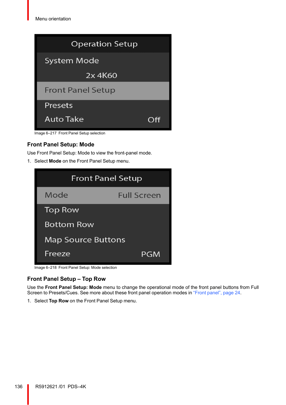 Front panel setup: mode, Front panel setup – top row | Barco PDS-4K HDMI Presentation Switcher User Manual | Page 136 / 224
