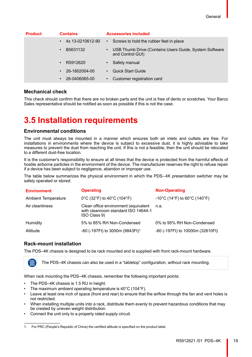5 installation requirements, Installation requirements, Mechanical check | Environmental conditions, Rack-mount installation | Barco PDS-4K HDMI Presentation Switcher User Manual | Page 19 / 224