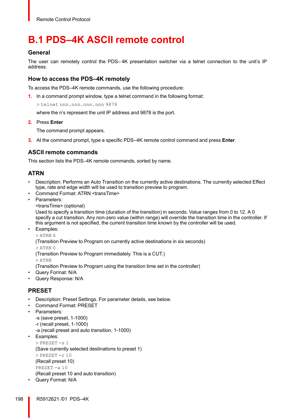 B.1 pds–4k ascii remote control, Pds–4k ascii remote control | Barco PDS-4K HDMI Presentation Switcher User Manual | Page 198 / 224