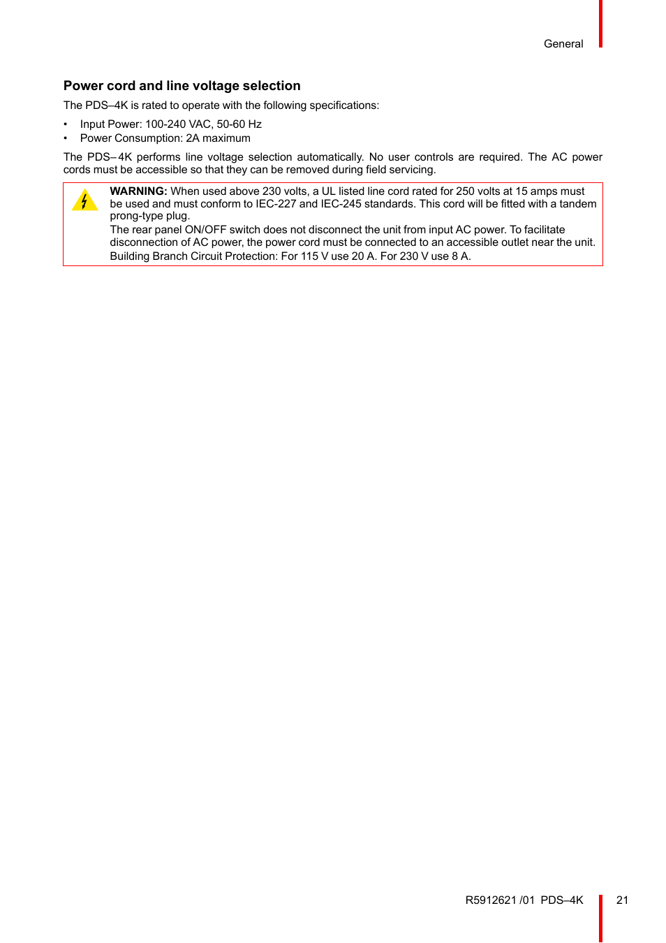 Power cord and line voltage selection | Barco PDS-4K HDMI Presentation Switcher User Manual | Page 21 / 224