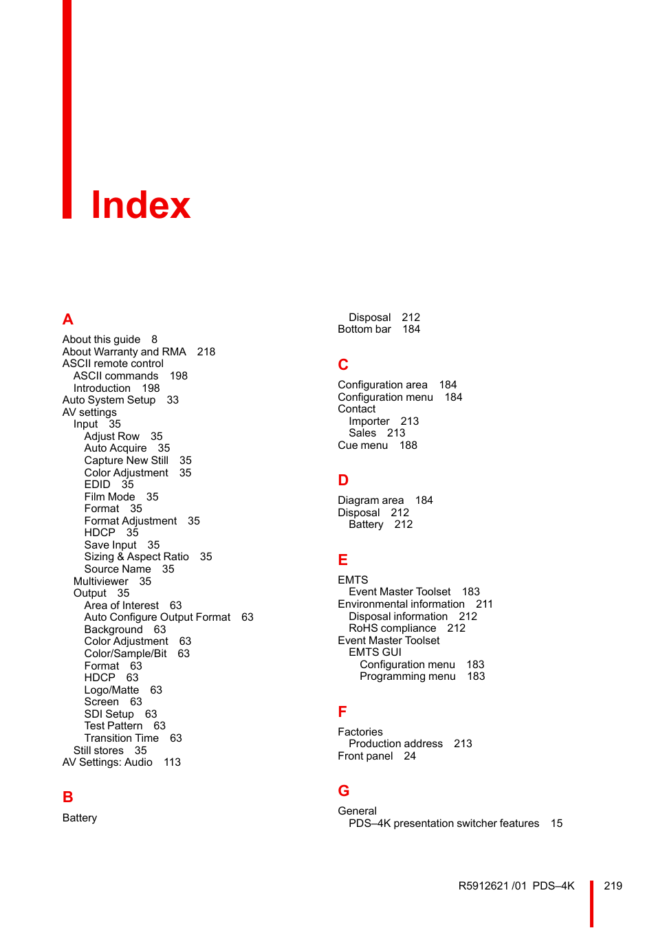 Index | Barco PDS-4K HDMI Presentation Switcher User Manual | Page 219 / 224