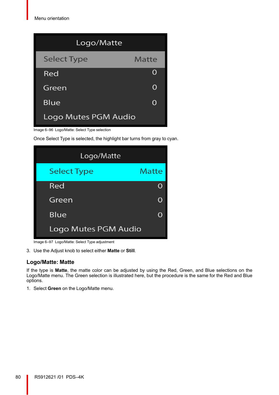 Logo/matte: matte | Barco PDS-4K HDMI Presentation Switcher User Manual | Page 80 / 224