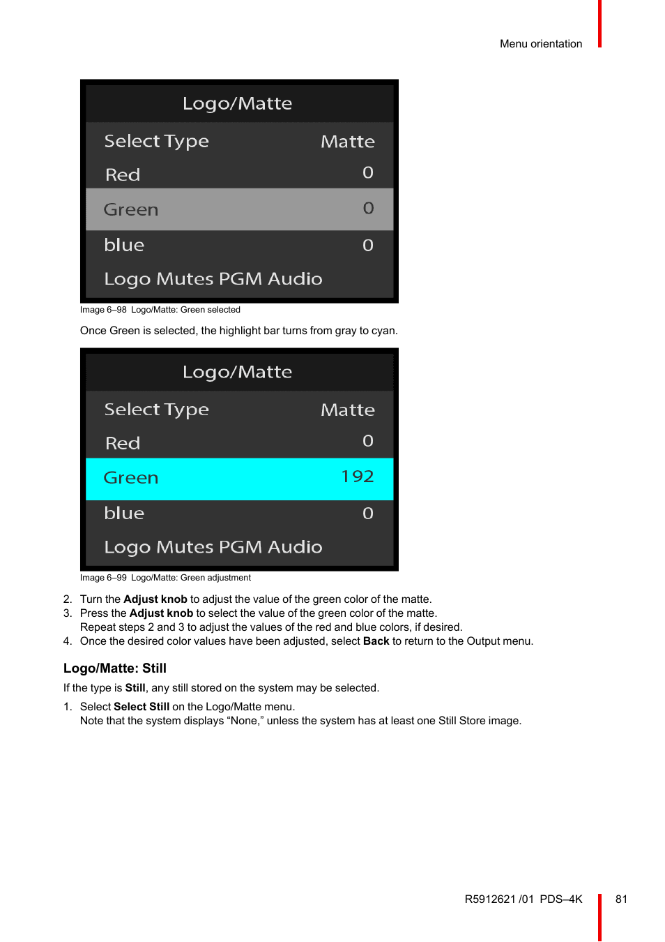 Logo/matte: still | Barco PDS-4K HDMI Presentation Switcher User Manual | Page 81 / 224