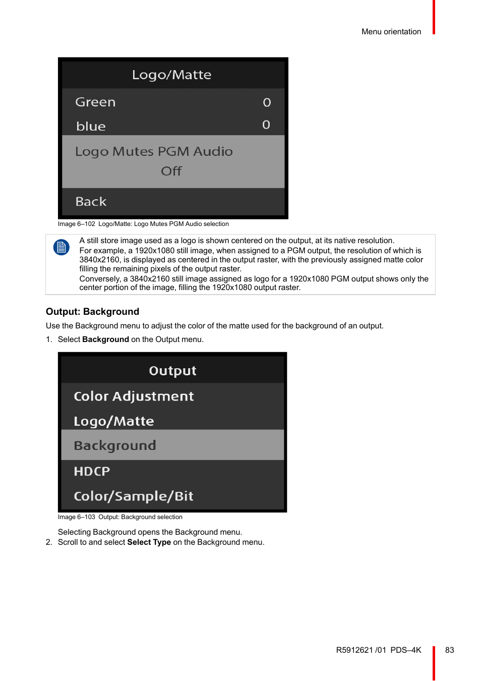 Output: background | Barco PDS-4K HDMI Presentation Switcher User Manual | Page 83 / 224