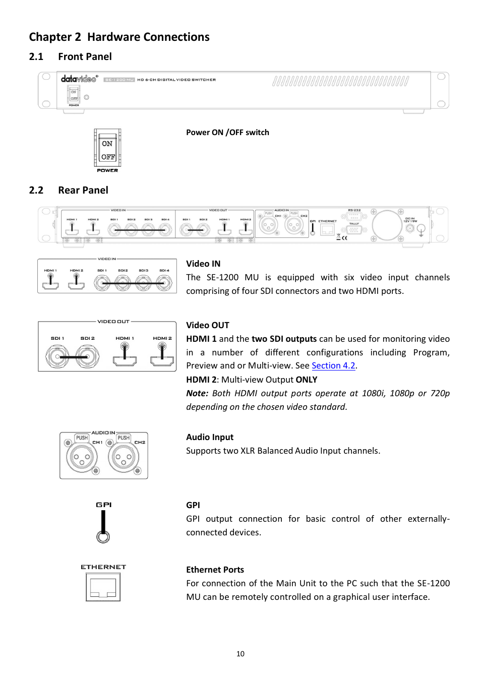 Chapter 2 hardware connections, 1 front panel, 2 rear panel | Chapter 2, Hardware connections, Ront, Anel | Datavideo SE-1200MU 6-Input Switcher and RMC-260 Controller Bundle User Manual | Page 10 / 90