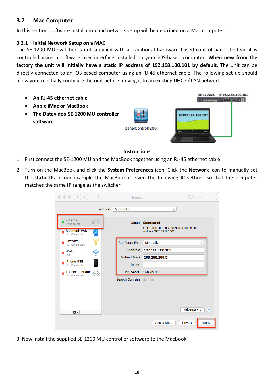 2 mac computer, 1 initial network setup on a mac, Omputer | Initial network setup on a mac | Datavideo SE-1200MU 6-Input Switcher and RMC-260 Controller Bundle User Manual | Page 18 / 90